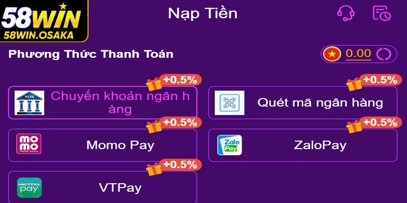 Các hình thức nạp tiền 58WIN phổ biến dành cho bạn 